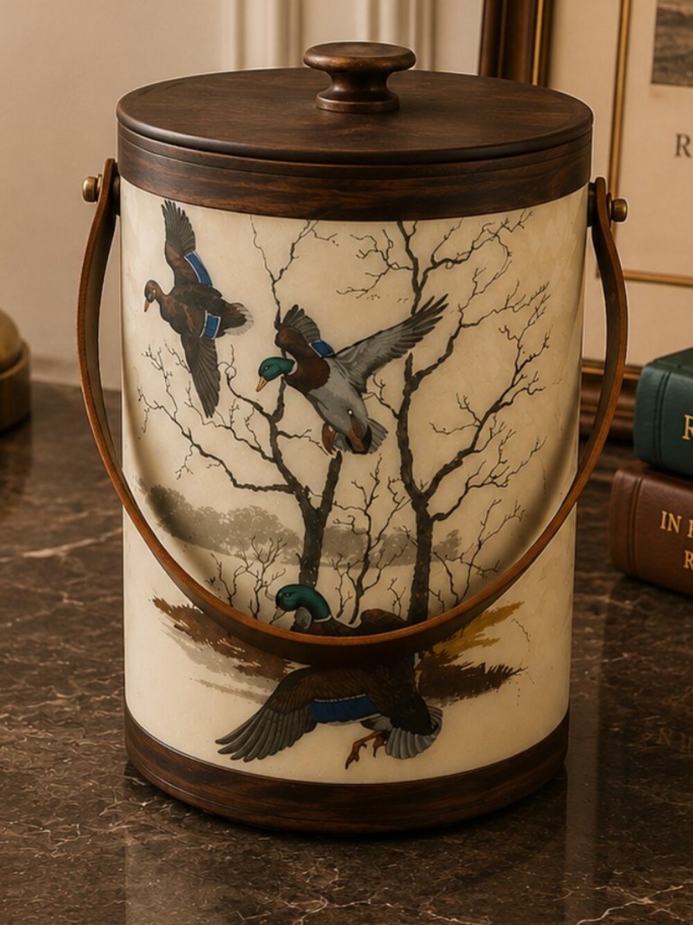 Vintage Mallard Duck Ice Bucket With Detailed Wildlife and Leather Swing Handle - Picture 4 of 13